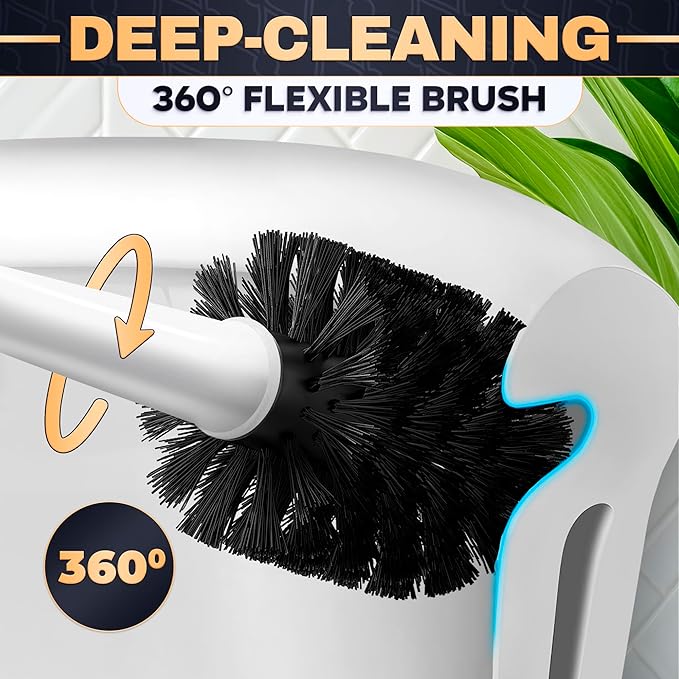 2 in 1 Toilet Plunger and Brush Set White - Toilet Brush and Plunger Set White with Stiff Bristles, Strong Vacuum Suction and Holder - Space-Saving Stand, Fits Most Standard Toilets, 9.3×6.3×15.2 inch