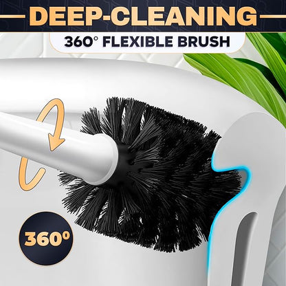 2 in 1 Toilet Plunger and Brush Set White - Toilet Brush and Plunger Set White with Stiff Bristles, Strong Vacuum Suction and Holder - Space-Saving Stand, Fits Most Standard Toilets, 9.3×6.3×15.2 inch