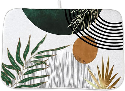 Mid Century Dish Drying Mat 18x24 Inch Boho Green Gold Tropical Leaf Sunset Kitchen Decoration Drying Mat Modern Abstract Decorative Drying Pad for Home Kitchen Decor,Dining Room,Office