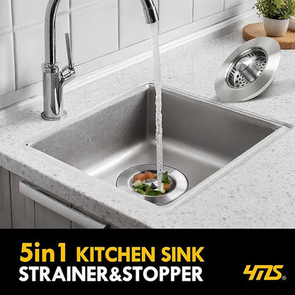 5-in-1 Stainless Steel Sink Aid, Kitchen Sink Drain Strainer Food Catcher, Popup Kitchen Sink Stopper & Odor Filter, Kitchen Sink Strainer Accessories with Drain Basket (Classic Brushed)