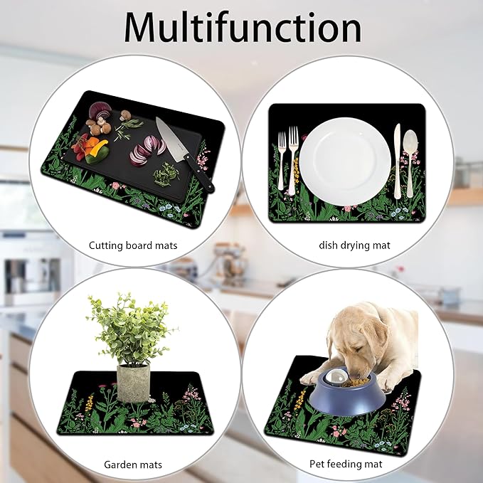 Dish Drying Mat for Multiple Usage. Super Absorbent, Easy clean, Quick dry, Cocina Accesorios for Kitchen Counter or Faucet Sink, Coffee bar, Refrigerator or Air fryer liners, 1 Pack Flower