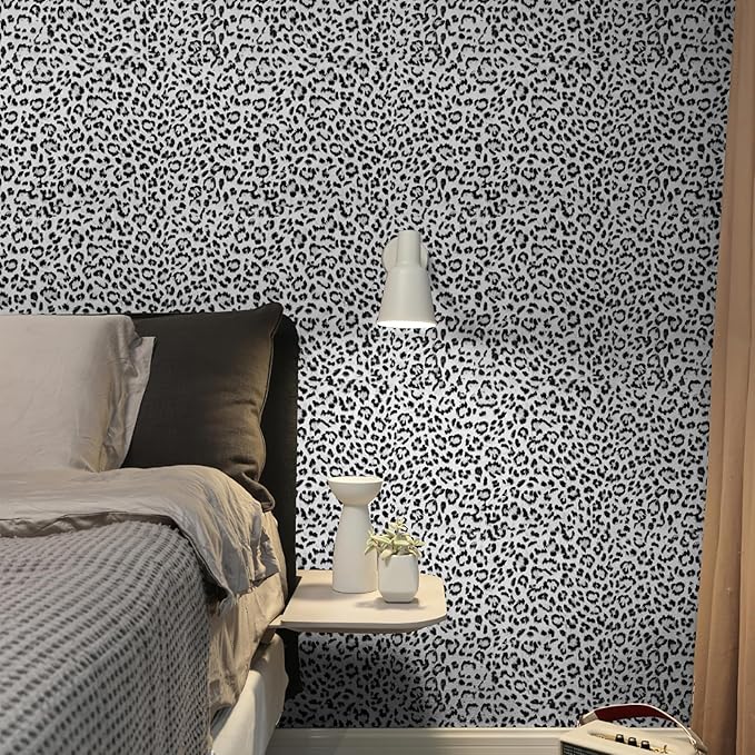 Leopard Print Peel and Stick Wallpaper, Waterproof Removable Self Adhesive Textured Wall Paper, Black and White Unique Funky Cheetah Contact Paper for Bedroom and Bathroom 120"X17.3"(14.4 sq. ft)