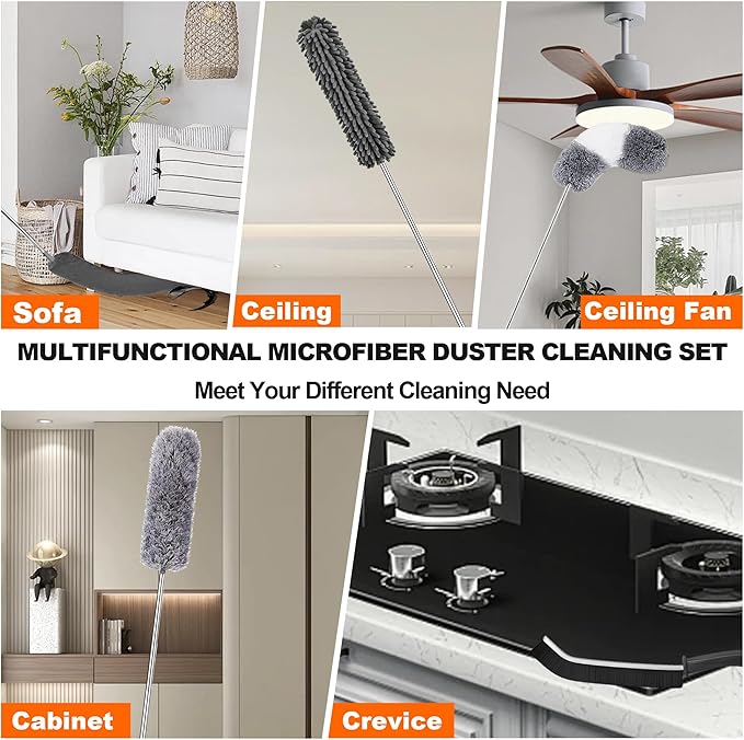 Professional Microfibre Dusters for Cleaning | Duster with Extension 100" | Cobweb Remover Duster Kit with 4 Washable Heads | Bendable Feather Duster for High Ceilings,Fans & Hard-to-Reach Areas,9PCS