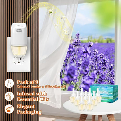 Plug In Air Freshener Starter Kit - Lavender, Vanilla, Linen Scent for Home, Bathroom and Office, 1 Warmer and 9 Essential Oil Refills, Compatible with Air Wick & Glade, Not Include Glade Plus