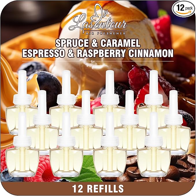 Plug In Air Freshener Refills for Home, 12 Count, Spruce, Caramel, Espresso & Raspberry Cinnamon Scents for Bathroom & Office, Compatible with Air Wick & Glade, Not Include Glade Plus