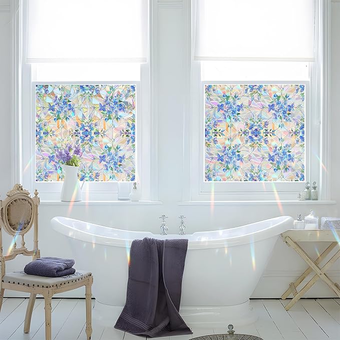 Rainbow Window Privacy Film,Heat Control,UV Blocking,Anti-Glare,Day & Night Privacy Protection & Decoration for Home, Bathroom,Glass Door,Static Cling,Renter-Friendly with Installation Tools
