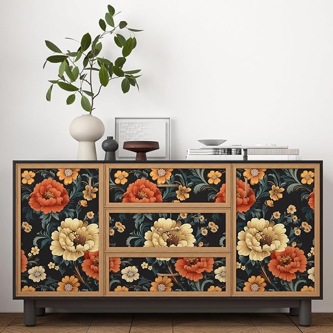 Vintage Vibrant Floral Peel and Stick Wallpaper, Dark Classic Flower Design Self Adhesive Wallpaper for Cubicle Bedroom Cabinet, Vinyl Removable Contact Paper Antique Wall Decor 17.5In x 118In