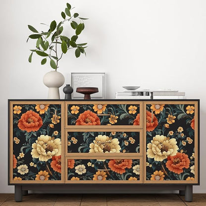 Vintage Vibrant Floral Peel and Stick Wallpaper, Dark Classic Flower Design Self Adhesive Wallpaper for Cubicle Bedroom Cabinet, Vinyl Removable Contact Paper Antique Wall Decor 17.5In x 118In