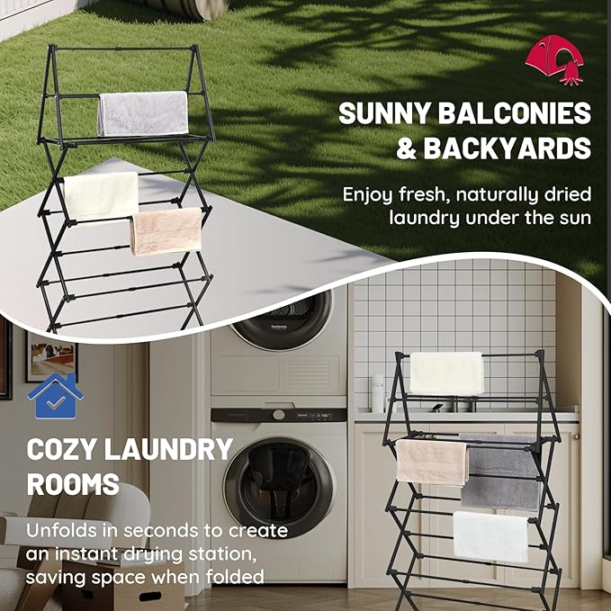 4 Tier Clothes Drying Rack Foldable | Foldable Clothing Drying Rack | Laundry Drying Rack Collapsible for Laundry Room, Dorm, Expandable Sturdy Metal Design | Black 29"L x 11.5"W x 53"H