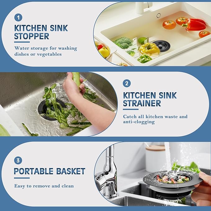 Kitchen Sink Drain Strainer 2 Pack, 304 Stainless Steel Pop Up Sink Stopper, Anti-Clogging Sink Drain Strainer for US Standard Kitchen Drain (Matte Black)