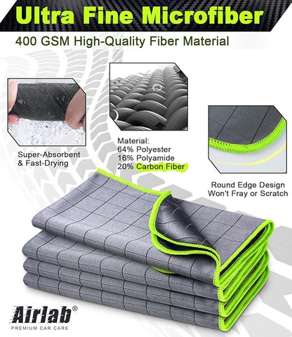 Airlab Magic Cleaning Cloth Window Glass Cleaner Carbon Microfiber Towels Kitchen Bathroom Lint Free Rags Car Wipes Drying Auto Detailing, Pack of 4, 20" x 16", Grey-Green