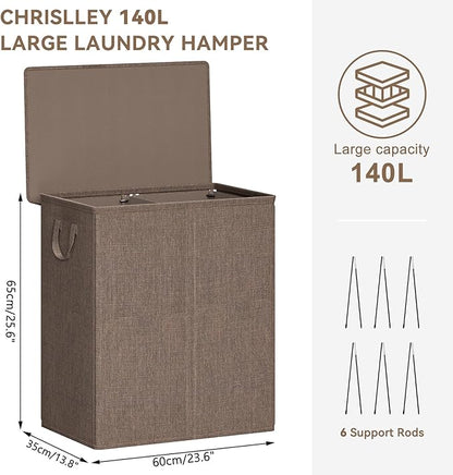Chrislley 140L Laundry Hamper 2 Section, Double Laundry Basket with Lid, Large Dirty Clothes Hamper with Removable Liner Bags, Collapsible Laundry Organizer for Bedroom, Dorm,Brown