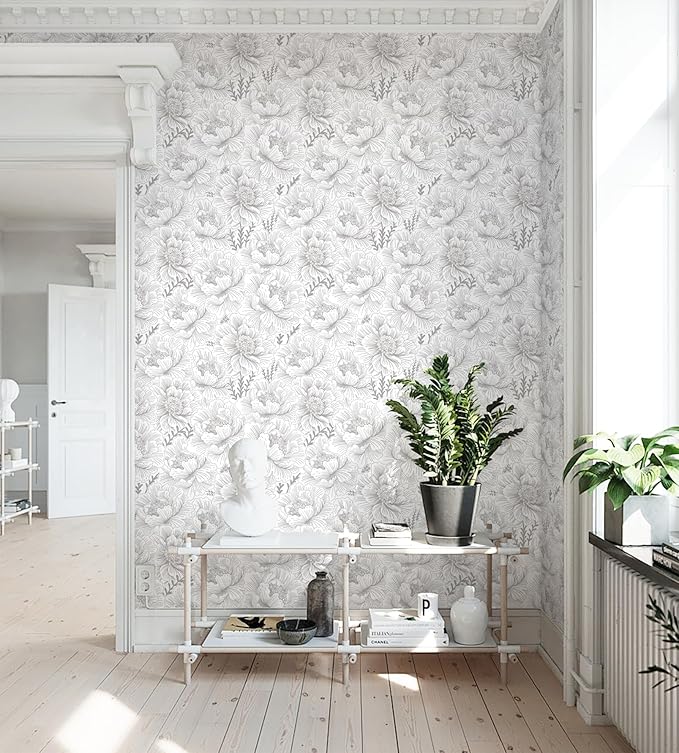 Guvana 17.3in×118in Floral Peel and Stick Wallpaper Boho Contact Paper Grey and White Wall Paper Modern Waterproof Wallpaper for Bathroom Bedroom Neutral Farmhouse Self Adhesive Removable Vinyl Roll
