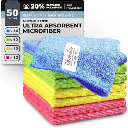 Turkish Microfiber Cleaning Cloth of 4 Colors | 20% Polyamide for Elevated Liquid Suction | Must Have Drying Supply for Kitchen and Home Accessories | Rags with Reinforced Edges, Pack of 50