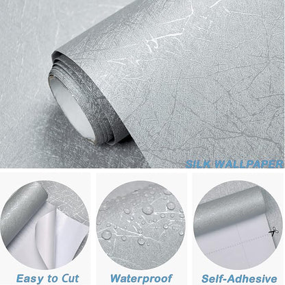 Cohoo Home Gray Peel and Stick Wallpaper Grey Silk Contact Paper for Cabinets and Drawers Silver Textured Self Adhesive Removable Wallpaper Bathroom Bedroom Waterproof Wall Covering 15.7inL 118inW