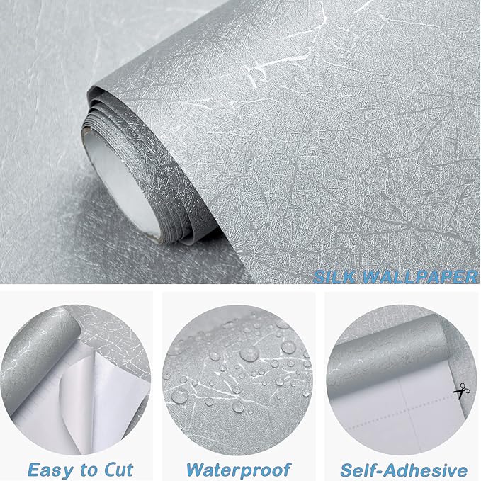 Cohoo Home Gray Peel and Stick Wallpaper Grey Silk Contact Paper for Cabinets and Drawers Silver Textured Self Adhesive Removable Wallpaper Bathroom Bedroom Waterproof Wall Covering 15.7inL 393inW