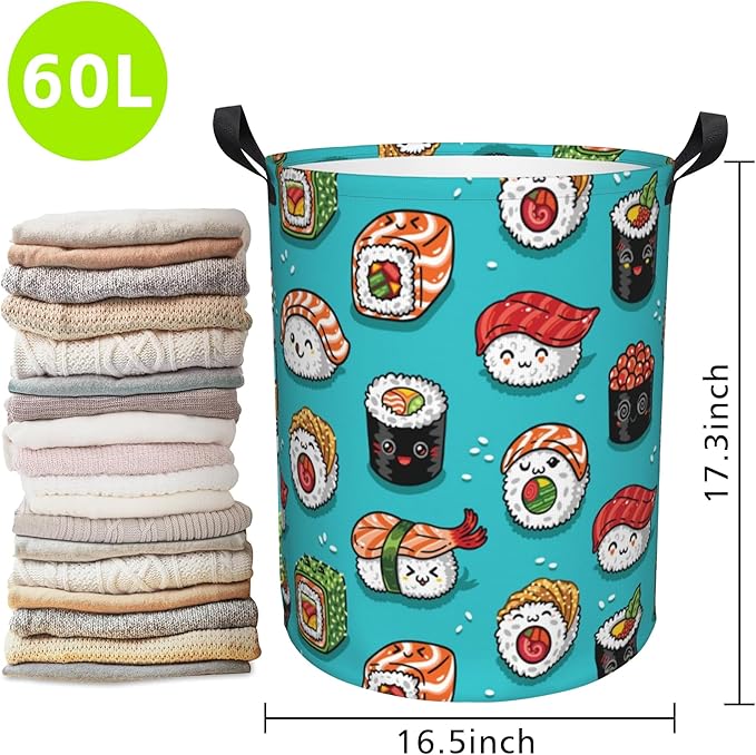 Cute Kawaii Sushi Laundry Basket Foldable Laundry Hamper Waterproof Oxford Cloth Large Laundry Basket Clothes Storage Bucket Toy Organizer For Bathroom, Laundry, College 17.3 x16.5 Inch