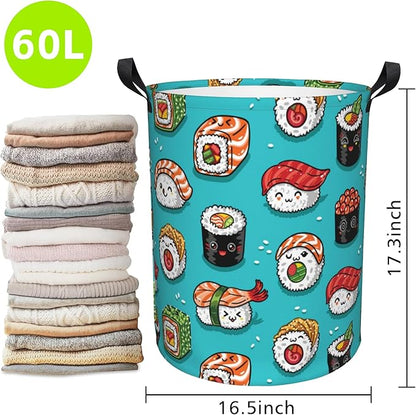 Cute Kawaii Sushi Laundry Basket Foldable Laundry Hamper Waterproof Oxford Cloth Large Laundry Basket Clothes Storage Bucket Toy Organizer For Bathroom, Laundry, College 17.3 x16.5 Inch