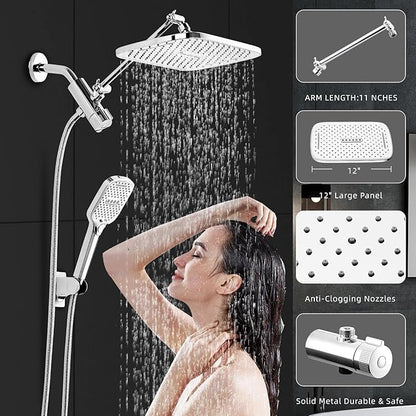 12" Rain Shower Head with Handheld Spray, Rainfall Shower Head with Handheld Combo, 11" Stainless Steel Extension Arm with Height & Angle Adjustable High Pressure Showerheads, Chrome
