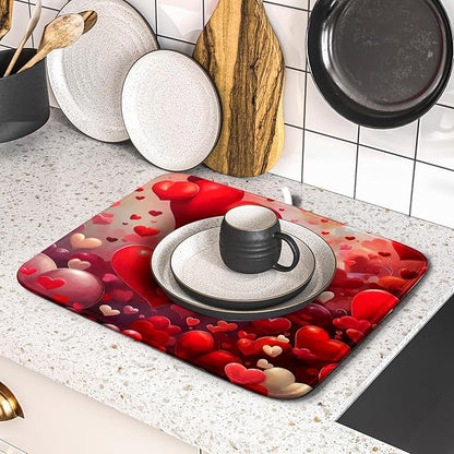Valentines Day Dish Drying Mat for Kitchen Counter 18x16 Inch Red Heart Drying Mat with Absorbent Reversible Microfiber Holiday Love Dish Drainer Mats Rack Pad for Coffee Countertop Protector