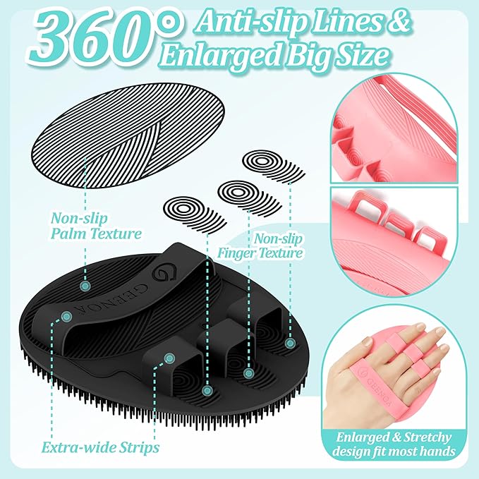 Silicone Body Scrubber 4PCS, 360° Anti-Slip & Enlarged Exfoliating Bath Glove for Rich Foaming Deep Cleaning, Revolutionary No-Grip & Hand-fit Shower Scrubber for All Skin Types.(Black/Pink)