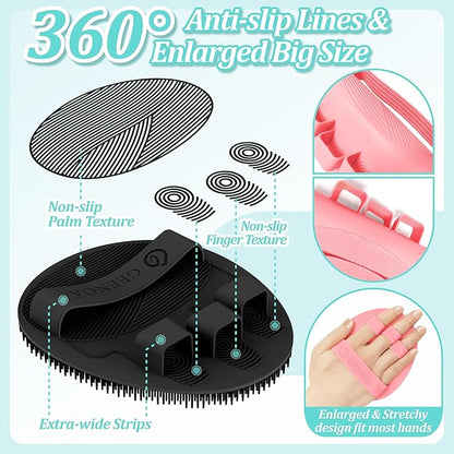 Upgrade Silicone Body Scrubber with Straps, 360° Anti-Slip & Enlarged Exfoliating Shower Scrubber for Rich Foaming Deep Cleaning, No-Grip & Hand-fit Bath Glove for All Skin Types(Black+Pink)
