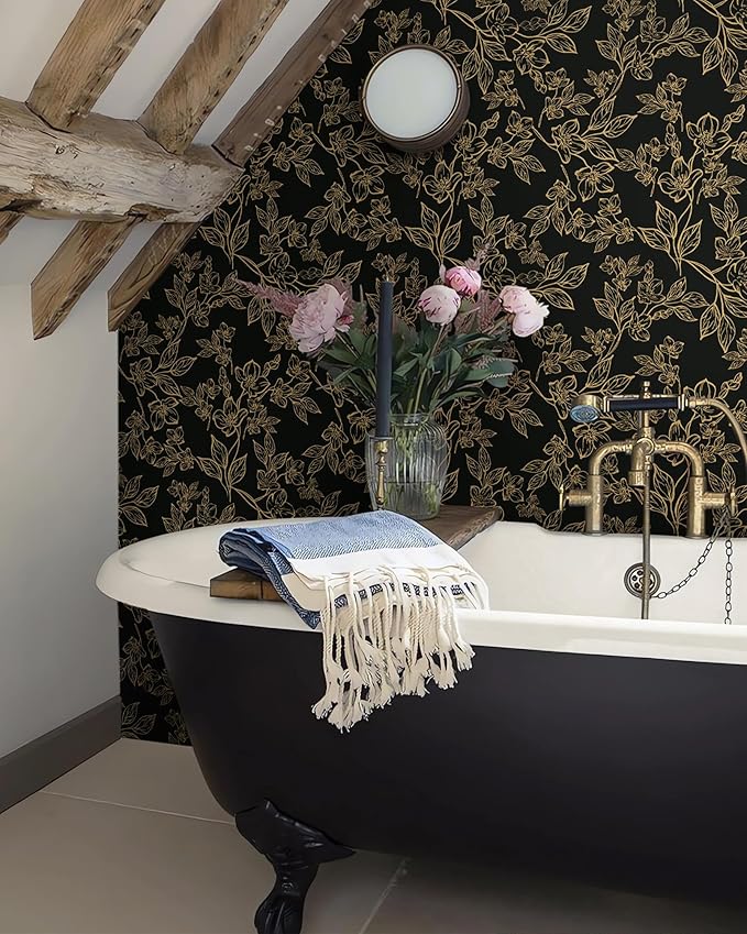 Ismoon Floral Peel and Stick Wallpaper Vintage Black and Gold Contact Paper Dark Stick on Wallaper Removable Self Adhesive Wall Paper for Cabinets Shelf Drawer Bedroom Vinyl Roll 17.3x196in