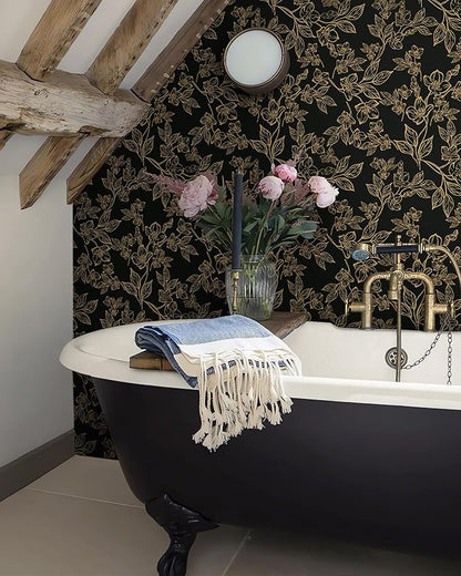 Ismoon Floral Peel and Stick Wallpaper Vintage Black and Gold Contact Paper Dark Stick on Wallaper Removable Self Adhesive Wall Paper for Cabinets Shelf Drawer Bedroom Vinyl Roll 17.3x196in