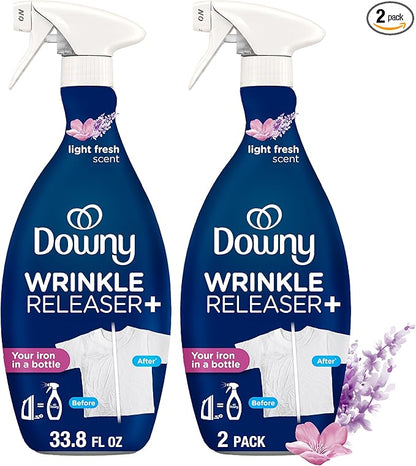Downy Wrinkle Releaser Spray, All In One Wrinkle Release Spray, Odor Eliminator, Static Remover, Fabric Refresher & Ironing Aid for Clothes, 33.8 Fl Oz (Pack of 2), Light Fresh Scent