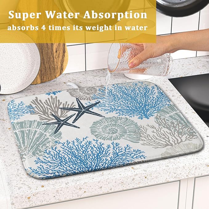 Coastal Blue Gray Dish Drying Pad 16 x 18 Inch With Absorbent Reversible Microfiber Starfish Seashell Coral Nautical Summer Drying Mats Dish Drainer Mat Fast Dry For Kitchen Dining Room Decoration