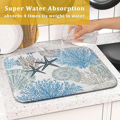 Coastal Blue Gray Dish Drying Pad 16 x 18 Inch With Absorbent Reversible Microfiber Starfish Seashell Coral Nautical Summer Drying Mats Dish Drainer Mat Fast Dry For Kitchen Dining Room Decoration