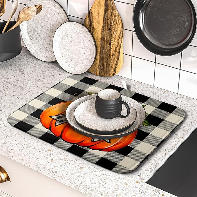 Fall Dish Drying Mat for Kitchen Counter 16x18 Autumn Pumpkin Plaid Theme Thanksgiving Day Absorbent Reversible Microfiber Drying Mats Kitchen Countertop Protector Dishes Drainer Pad