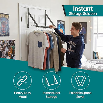 HOLDN’ STORAGE Over The Door Hanger - Foldable Rack Organizer for Hanging Clothes, Coats & Towels, Ideal for Dorm Rooms, Laundry, Bathrooms, Etc - Holds up to 35 LBs, Collapsible - Satin Nickel