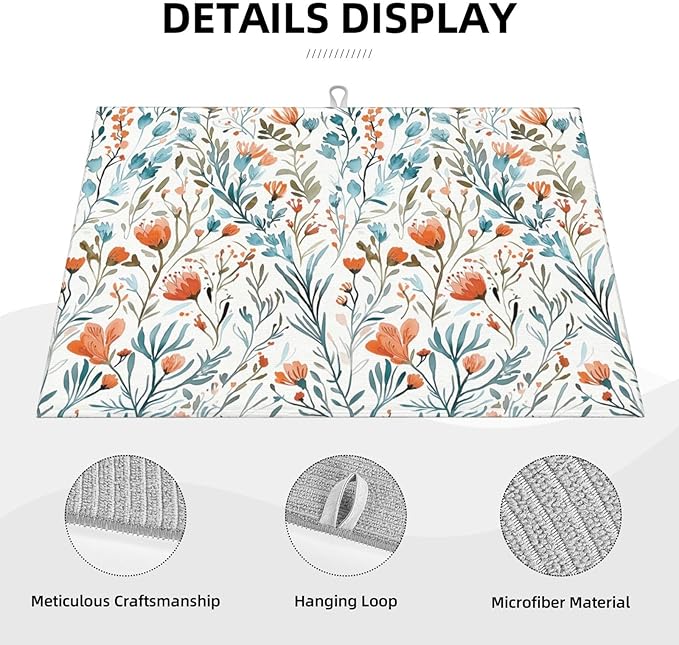 Burnt Orange Teal Floral Dish Drying Mats for Kitchen Counter & Sink, 18" x 24" Absorbent Microfiber Cute Drying Pad for Dishes, Washable Foldable Teal and Orange Dishes Drainer Mats, Boho Home Decor