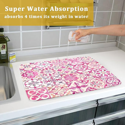 Pink Mexican Tiles Dish Drying Mat Absorbent Microfiber Dish Drying Pad for Kitchen Multi-use Large