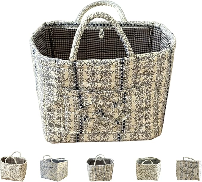 Quilted Laundry Basket with Handles,Boho Quilted Floral Storage Basket with Handles & Pocket,Foldable Cotton Fabric Organizer Tote for Car, Nursery, Laundry, Toys, Picnic, Closet (Lace blue)