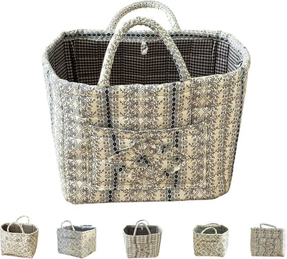 Quilted Laundry Basket with Handles,Boho Quilted Floral Storage Basket with Handles & Pocket,Foldable Cotton Fabric Organizer Tote for Car, Nursery, Laundry, Toys, Picnic, Closet (Lace blue)