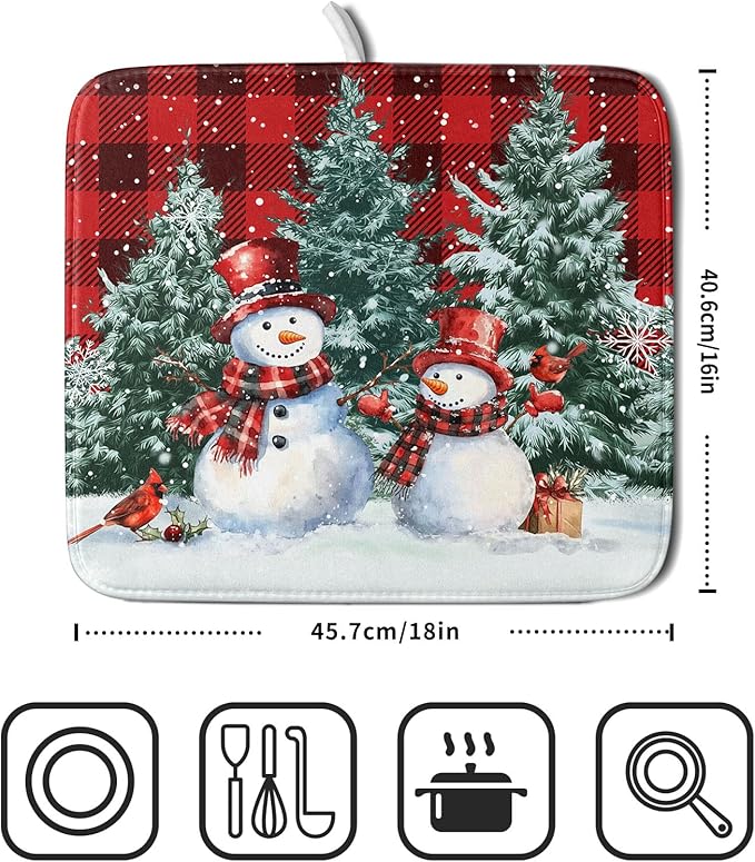 Christmas Snowman Dish Drying Mat for Kitchen Counter Xmas Trees Snowflake Buffalo Plaid Drying Mat 16x18 Inch Winter Holiday Absorbent Dish Drainer Mat Christmas Kitchen Accessories