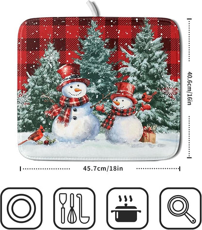 Christmas Snowman Dish Drying Mat for Kitchen Counter Xmas Trees Snowflake Buffalo Plaid Drying Mat 16x18 Inch Winter Holiday Absorbent Dish Drainer Mat Christmas Kitchen Accessories