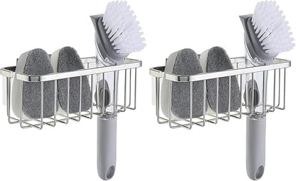 SunnyPoint NeverRust Deluxe Kitchen & Bathroom Sink Sponge Holder Organizer with Adhesive Mount - Additional Suction Cup Included – Sponge & Brush NOT Included – 7.4 x 3.3 x 2.75 Inch (Pack of 2)
