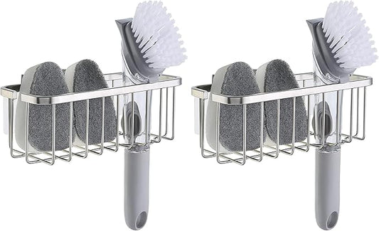 SunnyPoint NeverRust Deluxe Kitchen & Bathroom Sink Sponge Holder Organizer with Adhesive Mount - Additional Suction Cup Included – Sponge & Brush NOT Included – 7.4 x 3.3 x 2.75 Inch (Pack of 2)