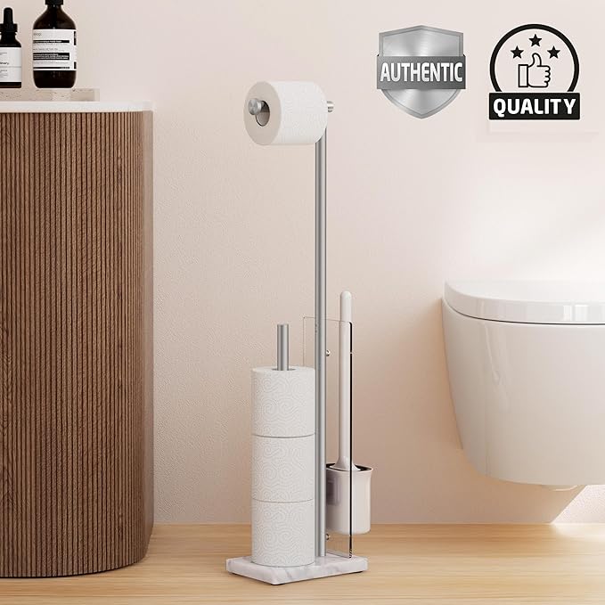 KES Freestanding Toilet Paper Holder with Storage, Toilet Brush Roll Holder Stand with Natural Marble Base with Toilet Brush Detachable for Bathroom Brushed, BPH233-2