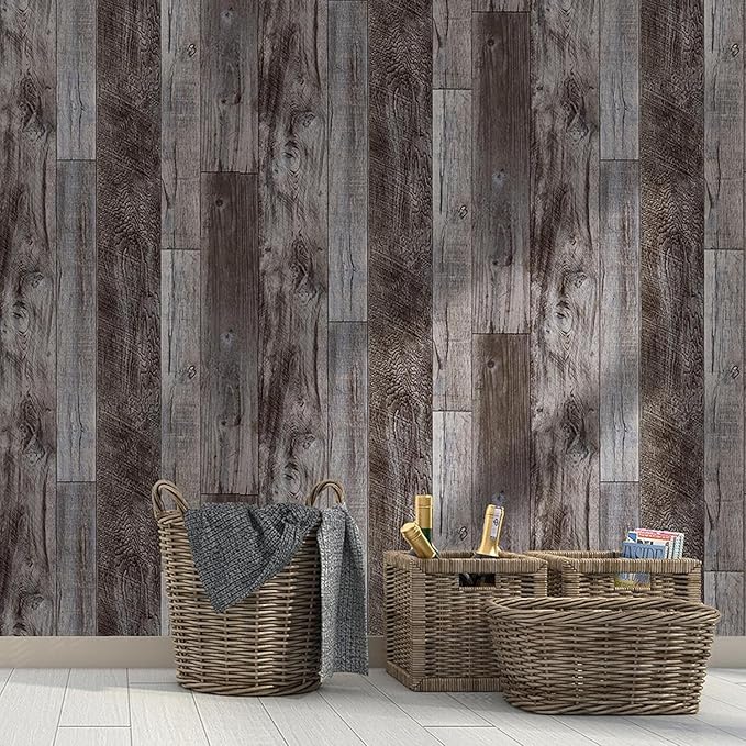Yun-aeon Gray Wood Peel and Stick Wallpaper 17.3" X 1200" Self Adhesive Wallpaper Backsplash Line Removable Wall Paper Bathroom Old Furniture Renovation Furniture