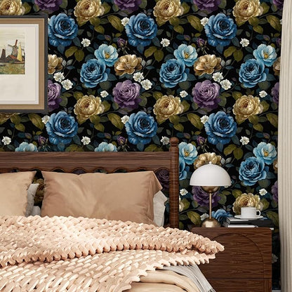 Fvlow Watercolor Wallpaper Peel and Stick, Vintage Large Floral Contact Paper Waterproof Self-Adhesive Dark Flower Wall Paper for Bedroom Countertop Desk Cabinets Decor 17.4" x 118" Renter Friendly