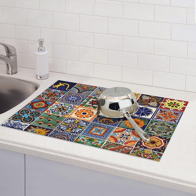 Talavera Tiles Dish Drying Mat for Kitchen Counter, 18 x 24 Inch Microfiber Dish Mats for Drying Dishes, Absorbent Dish Drying Pad Talavera Kitchen Decor Rack Mat