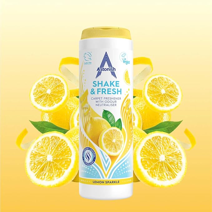 Astonish 350g Shake Fresh Lemon Sparkle Carpet Powder Odor Remover - Pet Smell Deodorizer, Vacuum Safe Citrus Scent, Dry Floor Cleaner, Room Refresher, Home Fragrance, Easy to Use Powder