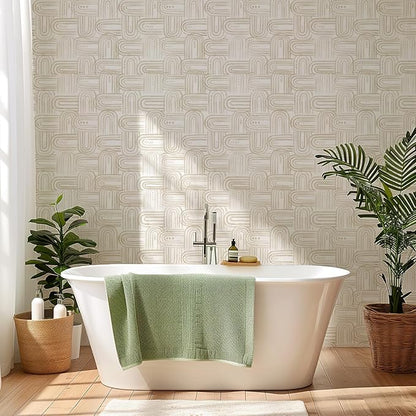 Modern Peel and Stick Wallpaper Beige Wallpaper 17.3" x 1200" Boho Abstract Geometric Contact Paper Waterproof Wall Paper for Bedroom Cabinets Furniture Vinyl
