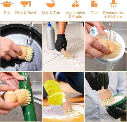 cobee 12Pcs Bamboo Dish Scrub Brushes, Kitchen Dishwashing Scrubber with Natural Sisal Bristles Round Wooden Dish Scrubber Brush for Iron Pot Pan Food Kitchen Sink Fruit Vegetable Wash