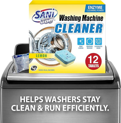 SANI 360° Washing Machine Cleaning tablets, 12 pack is Formulated with Enzyme, Deep Cleans and Deodorizes Front and Top Loading Washers use up to 1 year supply Lemon Scent
