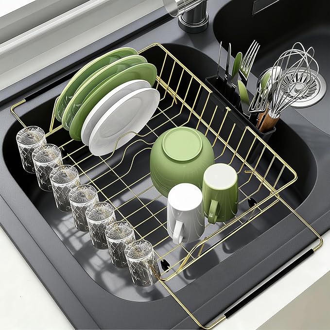 Golden Expandable Dish Drying Rack-Extra Large Stainless Steel Dish Drainer Over The Sink for Kitchen Countertop with Utensil Holder, Applicable for Sink Width 16'-22' (Gold,23.2'*12.2')